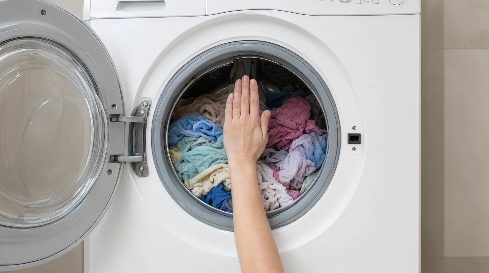 A hand checking the load level in a front-loading washing machine drum