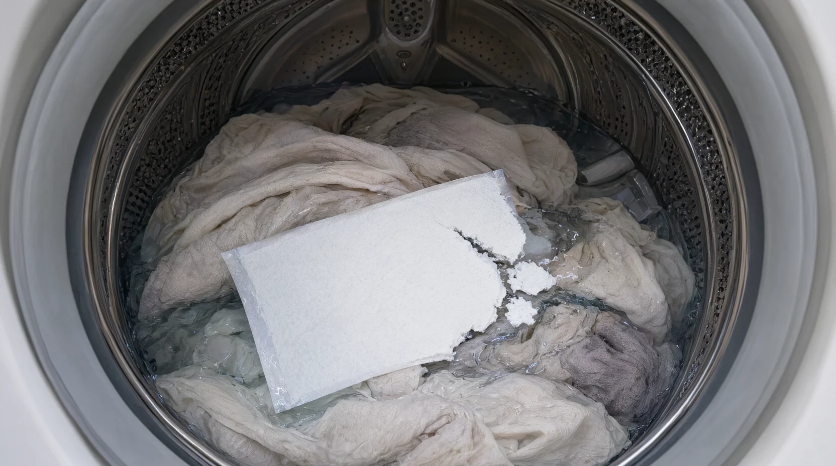 A laundry detergent sheet partially dissolving in cold water inside a washing machine drum with clothes