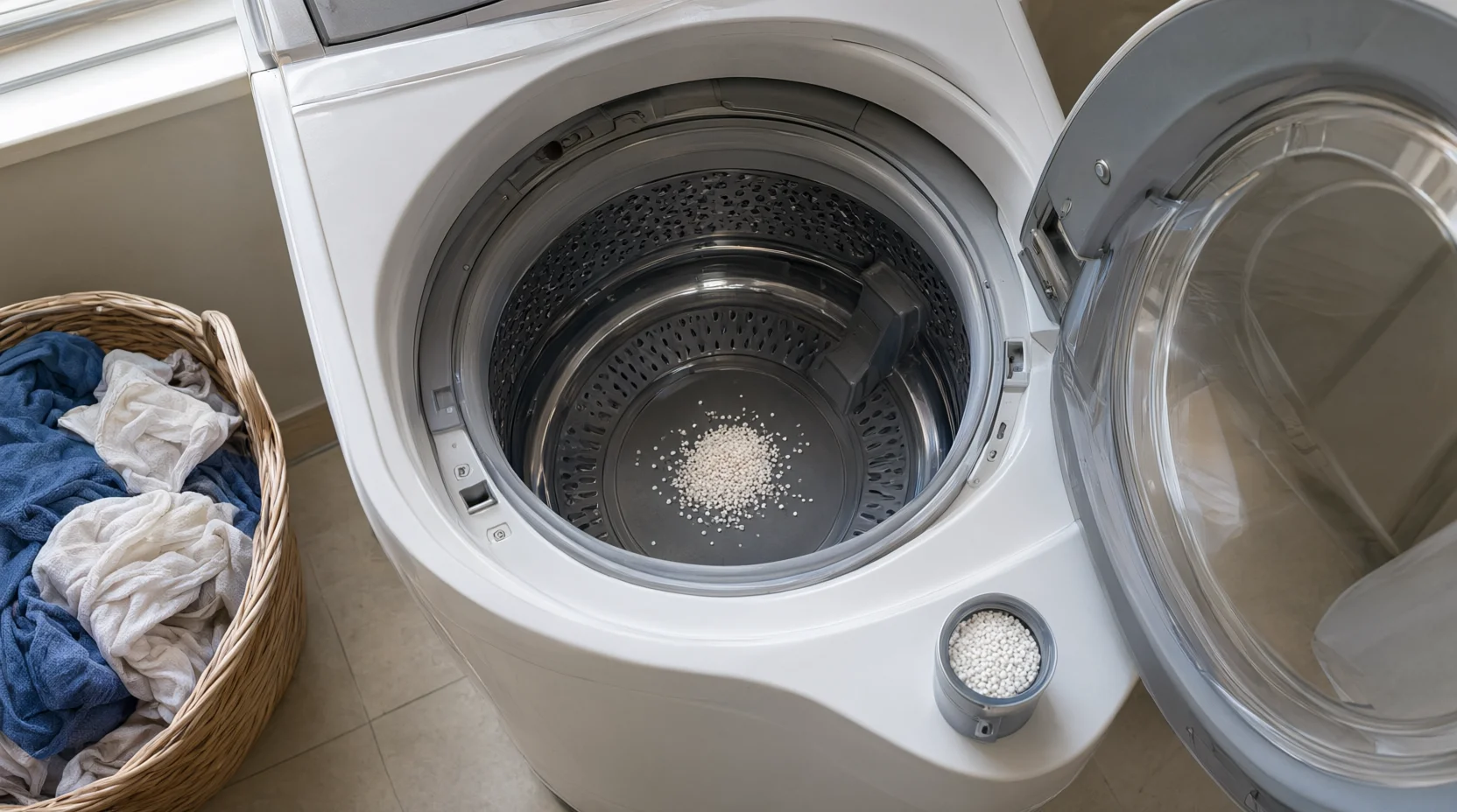 Scent beads in an empty washer drum with a measuring cap and a laundry basket nearby