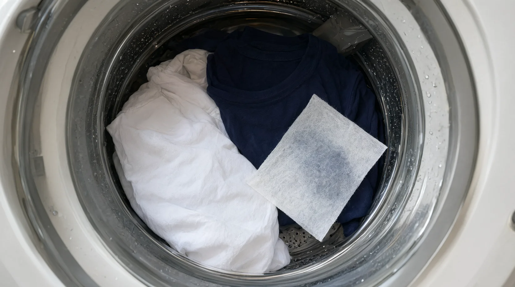Laundry drum with a white shirt, a dark t-shirt and a colour catcher sheet