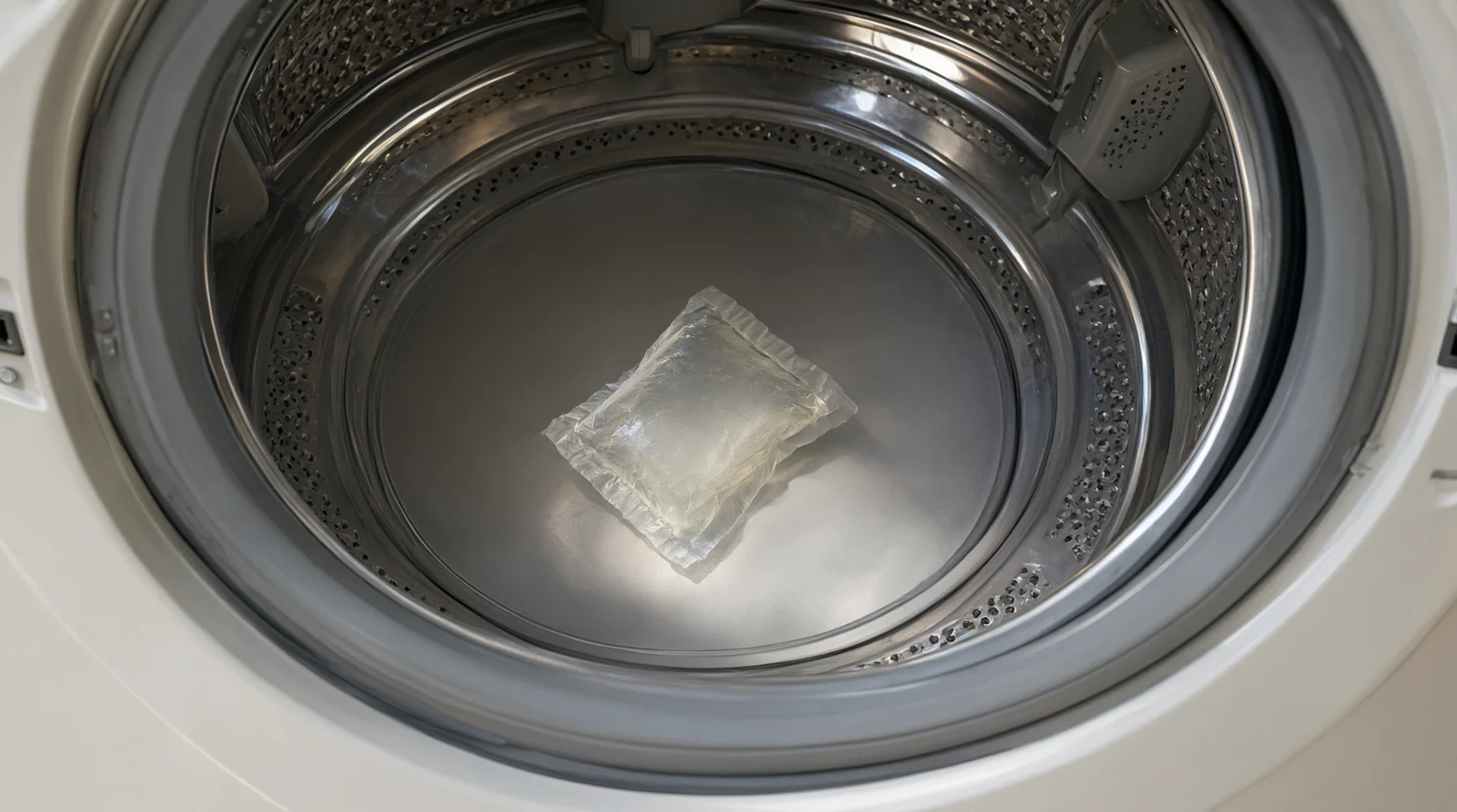 Una cápsula de detergente para ropa colocada en el fondo del tambor vacío de una lavadora