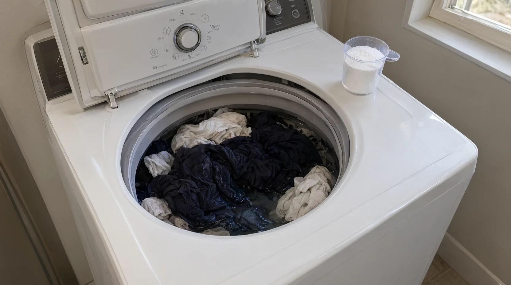 Top-loading washer filled three-quarters with clothes, showing proper loading