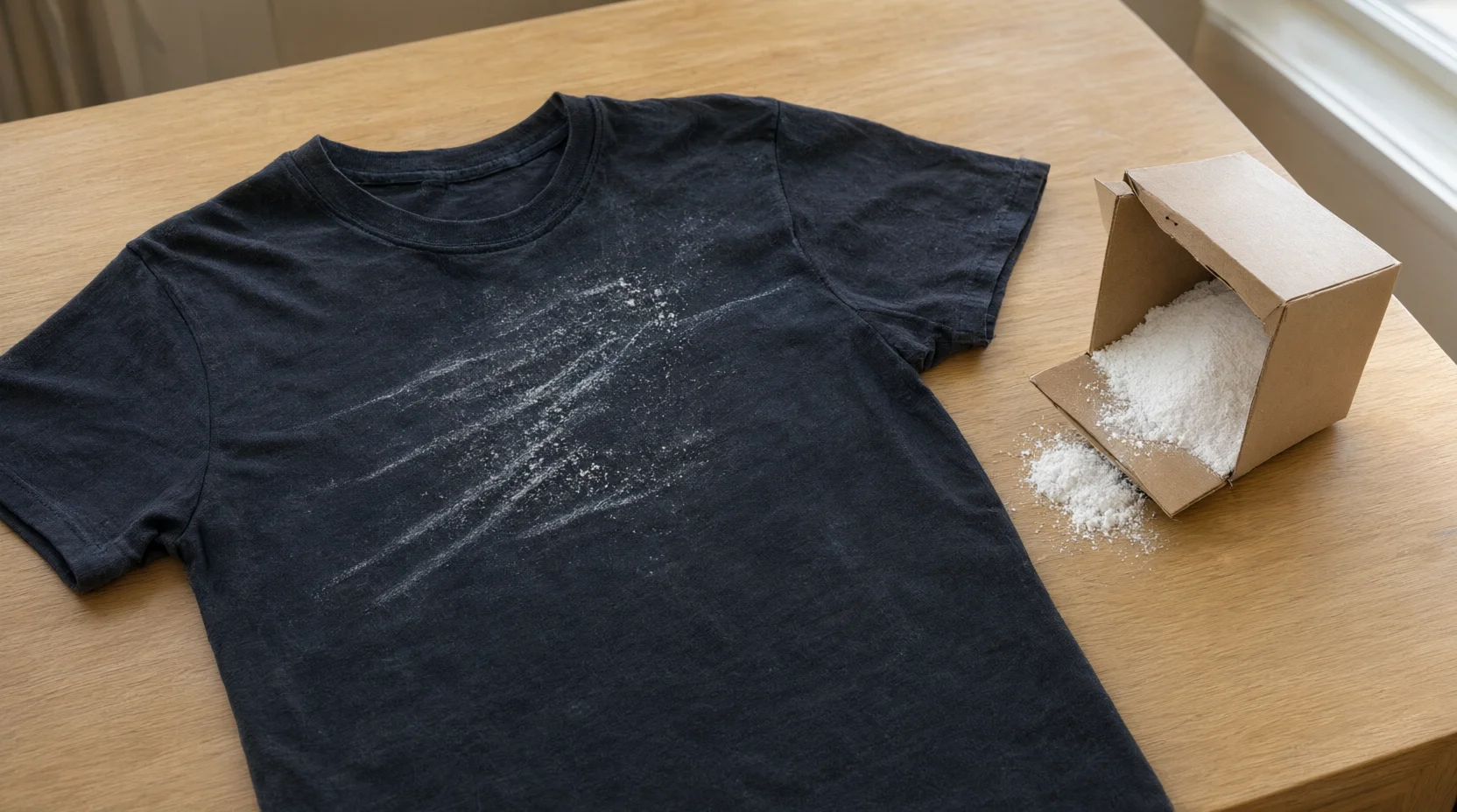 Dark t-shirt with white detergent residue beside a box of powder detergent