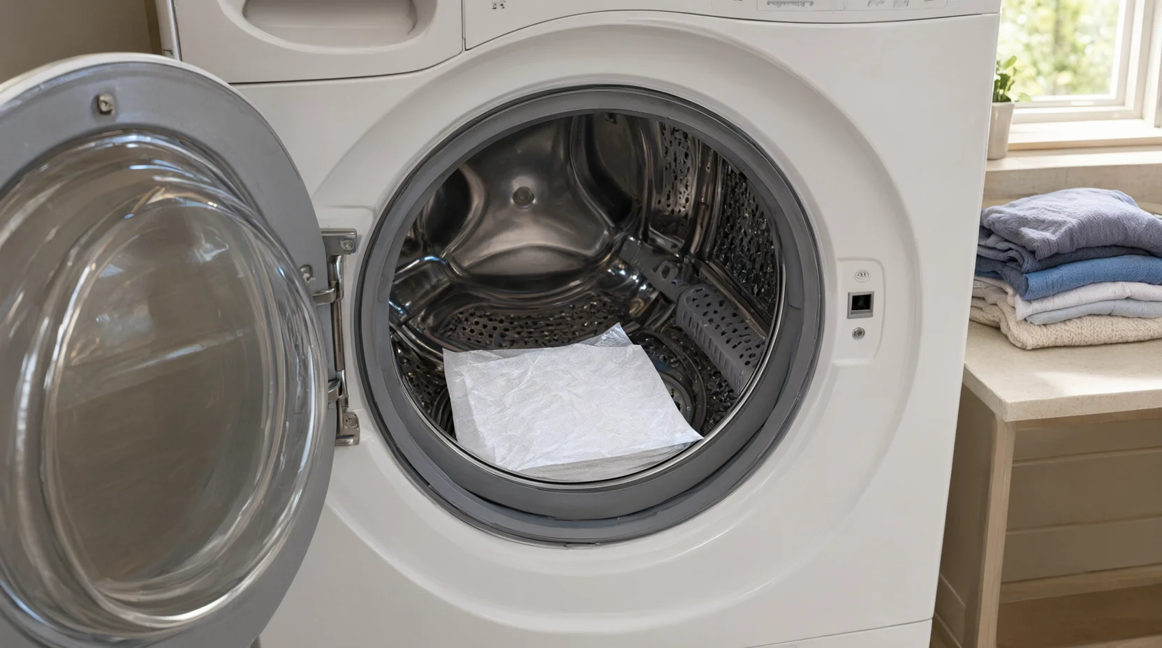 A laundry detergent sheet placed in the empty drum of a washing machine, with folded clothes nearby