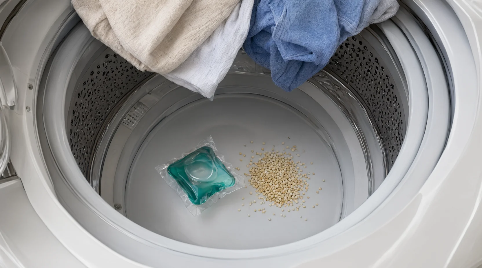 Laundry pod and scent beads placed together in a washer drum