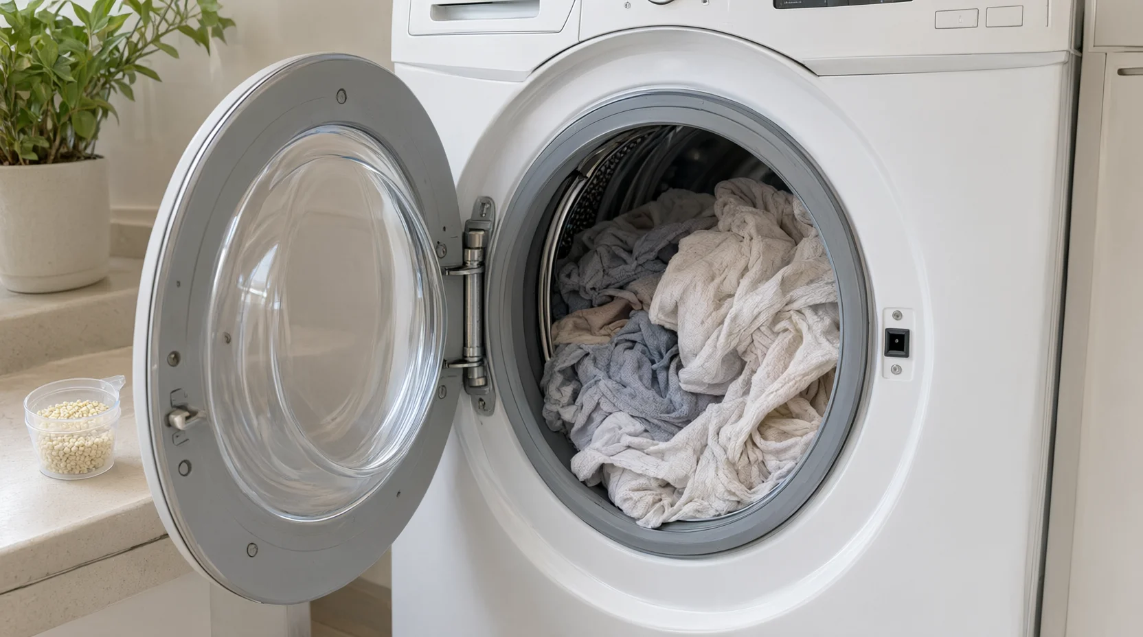 Loosely loaded front-load washer drum with a measuring cap of scent beads on the counter
