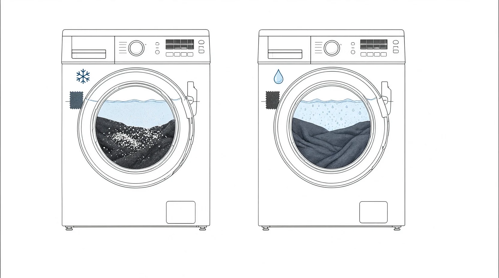 Diagram comparing powder and liquid detergent dissolution in cold water