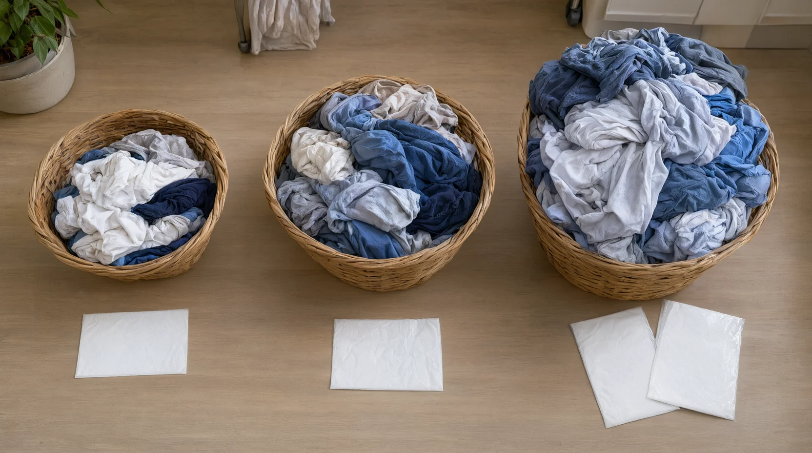 Three piles of laundry representing small, medium, and large loads, each paired with the corresponding amount of detergent sheet