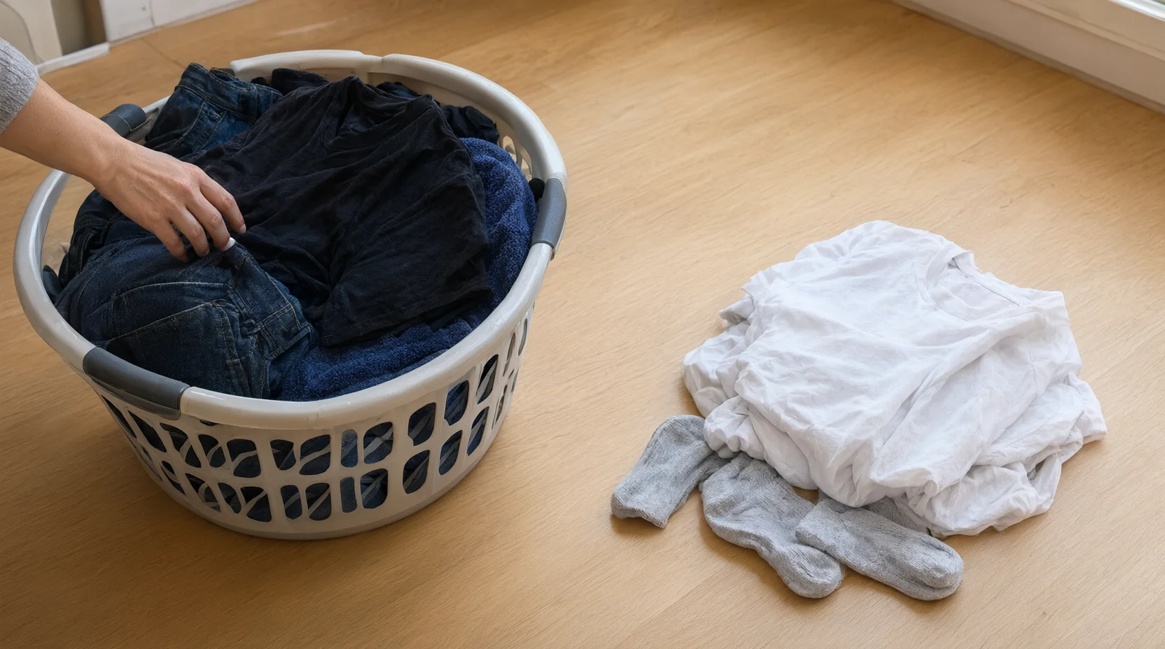 Two separate piles of laundry, dark garments and light garments, on a wooden floor