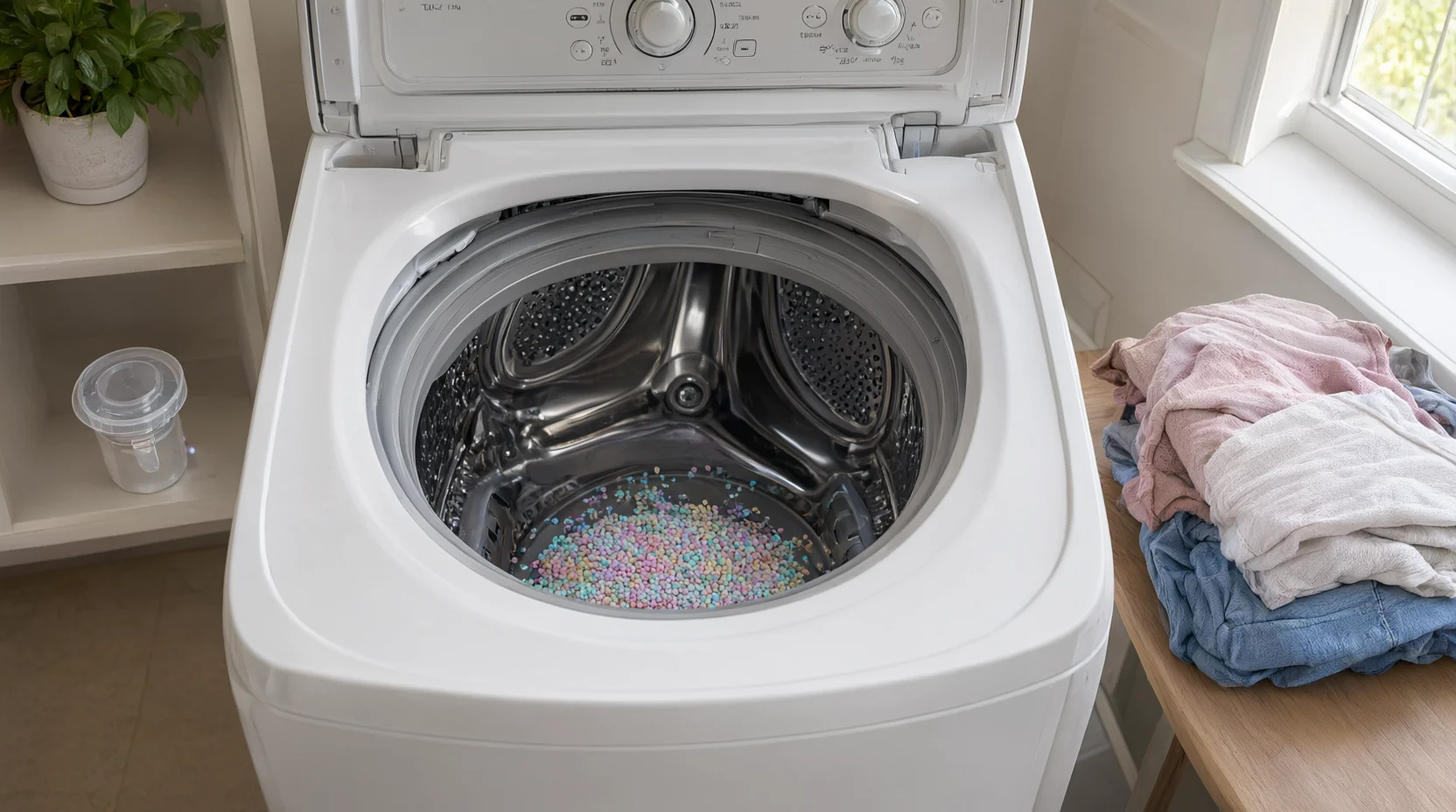 Open washing machine drum with colorful scent beads scattered on the bottom