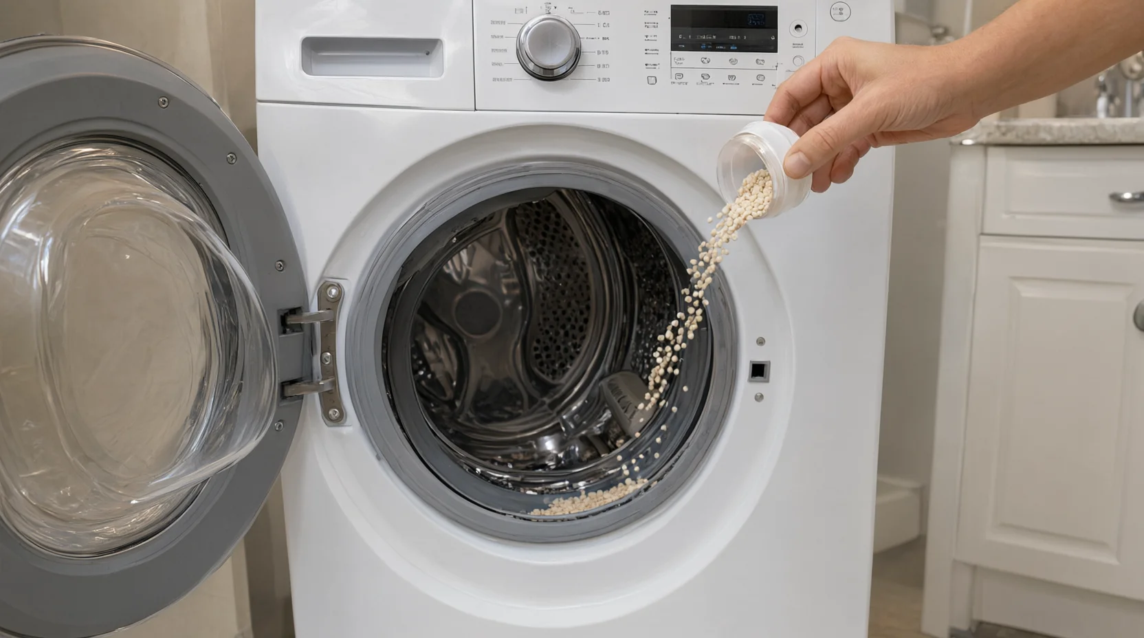 Hands pouring scent beads from a cap into an empty front-load washer drum