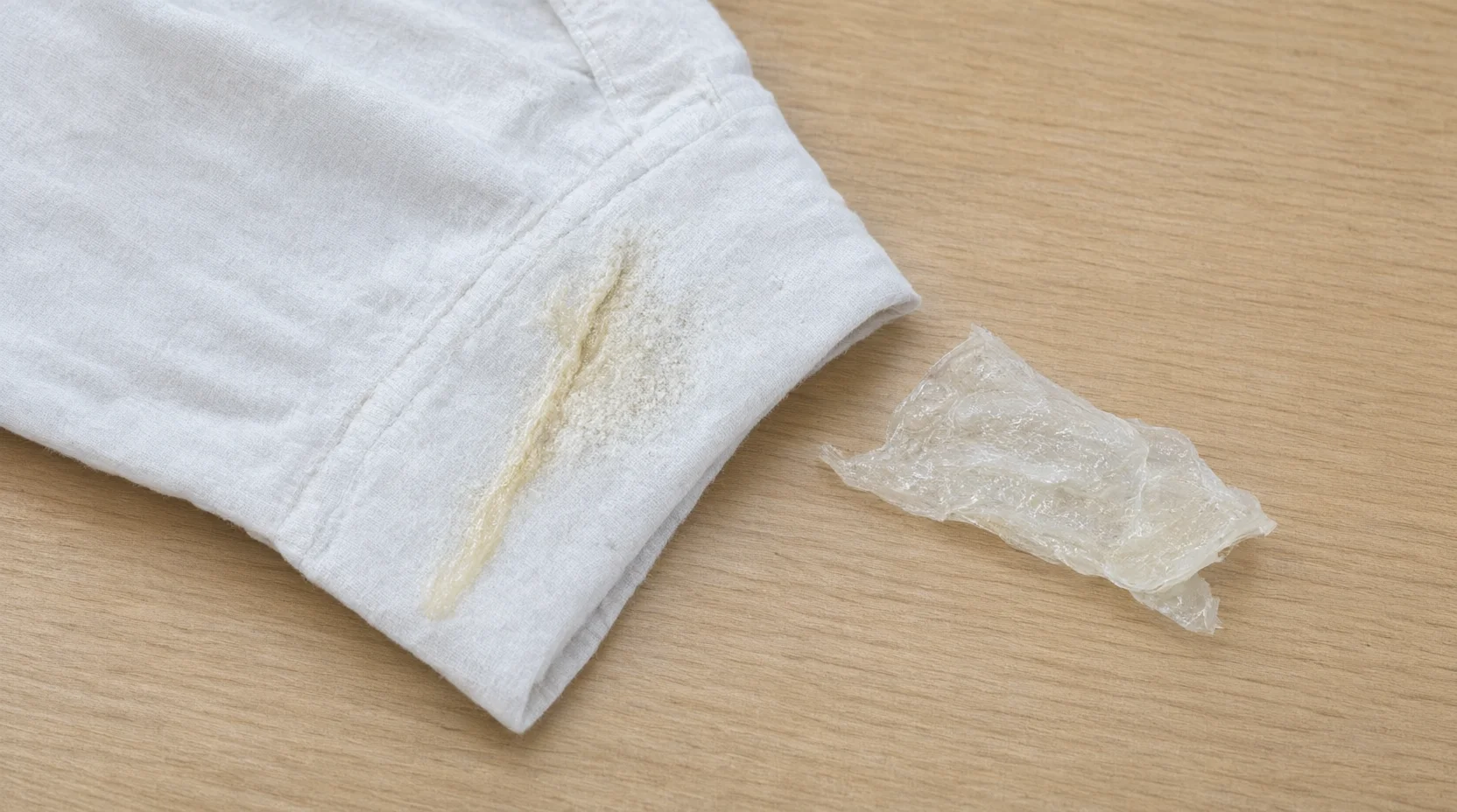 Two types of laundry pod residue on fabric and a surface: a detergent streak and a film fragment