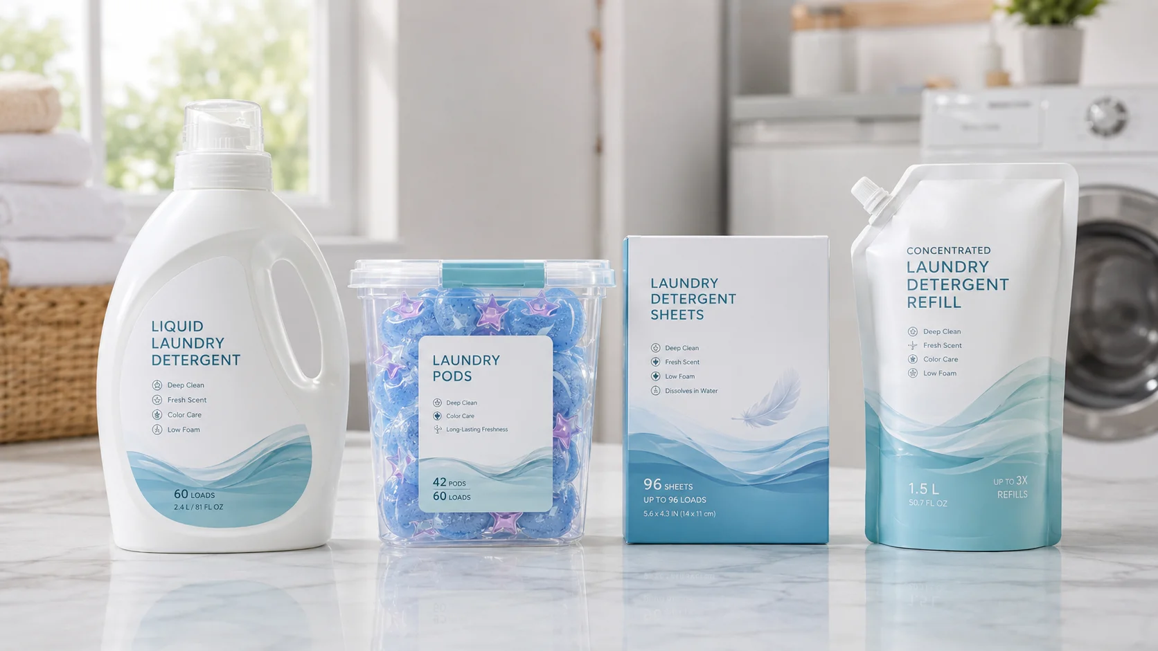 Realistic product display of liquid laundry detergent, laundry pods, detergent sheets, and concentrated detergent refill in clean blue and white packaging.
