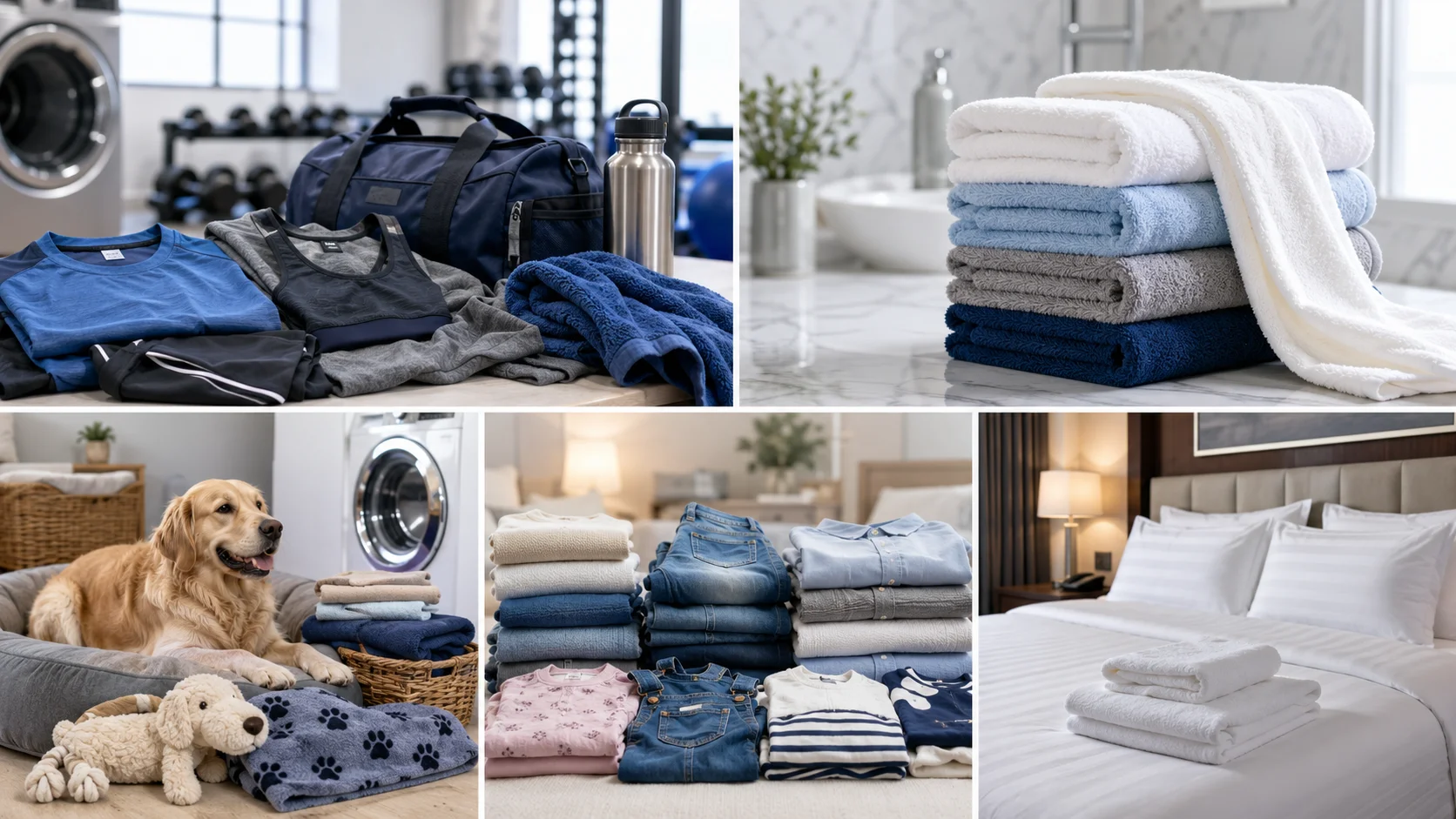 Laundry care application collage featuring sportswear, bath towels, pet bedding, family clothing, and hotel linens in realistic home and hospitality settings.